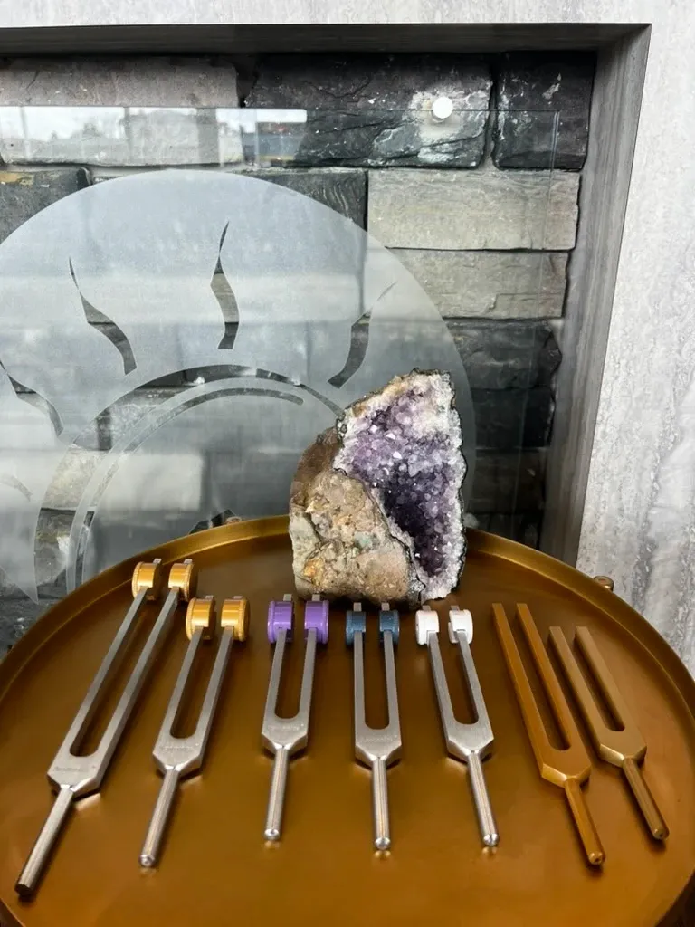 Tuning forks, crystals, and light codes ready for activation