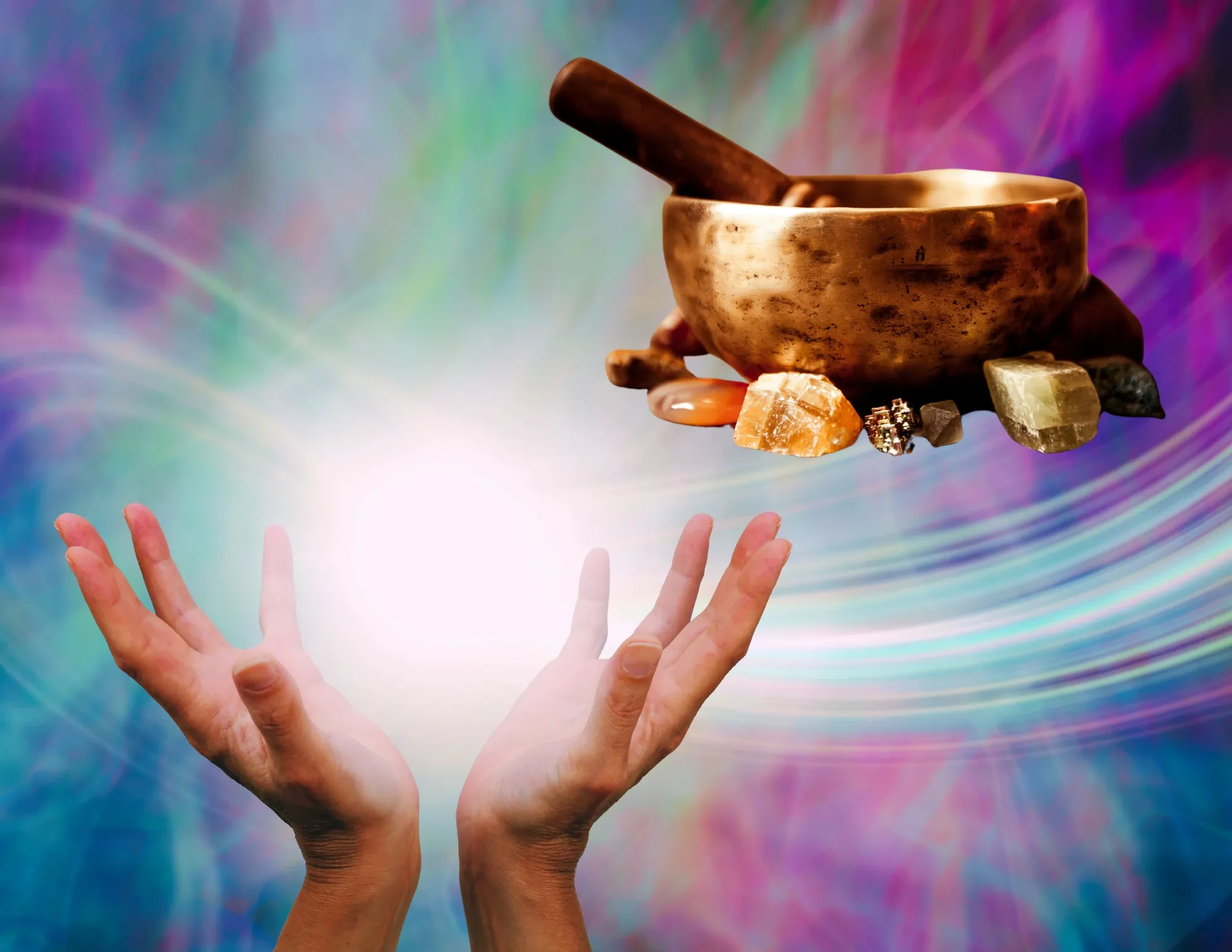 Virtual sound healing altar with candles and tuning forks